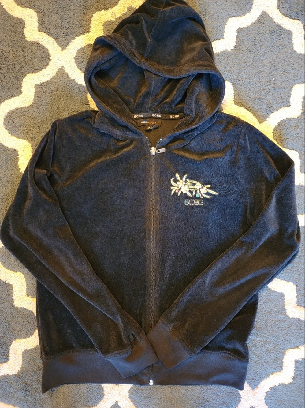 BCBGMaxAzria Black Velour Zip Hoodie with Embroidered Accent